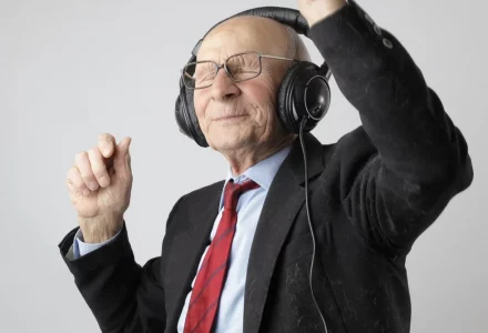 Ein älterer Herr mit Brille und wenigen Haaren, er trägt ein dunkles Sakko, hellblaues Hemd und eine rote Krawatte. Er hat schwarze Kopfhörer auf, die Augen geschlossen und hat die Hände in die Luft gestreckt. Er tanzt zur Musik.