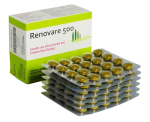 Produktfoto Renovare 500 von Ceretis, die Verpackungsschachtel, davor liegen aufgestapelt die mit Tabletten gefüllten Blister..