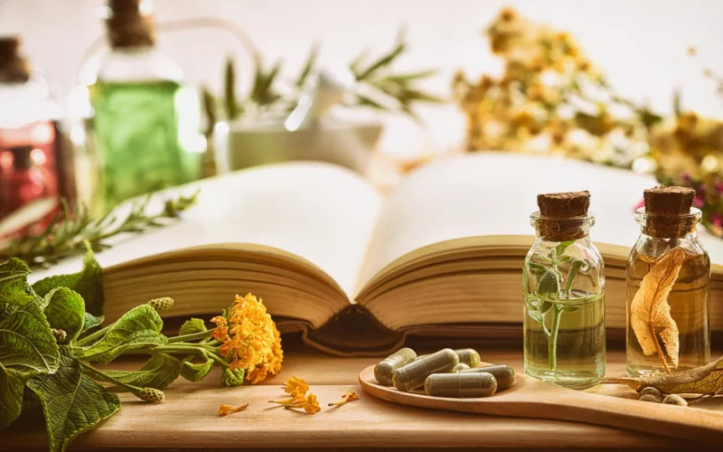 Traditionelle Medizin mit Pflanzen und Buch auf dem Tisch