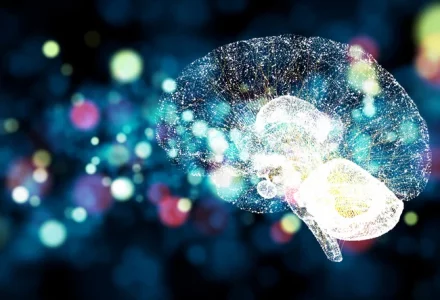 Digitale Darstellung eines menschlichen Gehirns. Leuchtende, filigrane, weiße Linien stellen feine Nervenverbindungen im Gehirn dar. Im Hintergrund sind verschwommen bunte, leuchtende Lichter zu sehen ind grün, rot, blau.